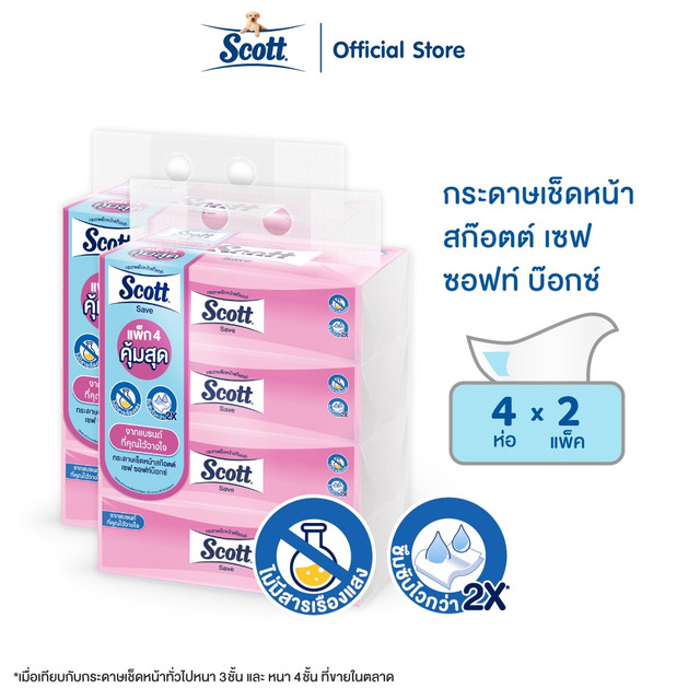 กระดาษเช็ดหน้า สก๊อตต์® เซฟ ซอฟท์ บ๊อกซ์ 160 แผ่น 4 ห่อ x2 แพ็ค Scott® Save Soft Box 160 sheets x2 packs