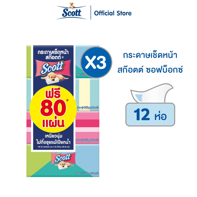 สก๊อตต์ ซอฟท์บ๊อกซ์ (160+20แผ่น) X4 ห่อ x3 แพ็ค