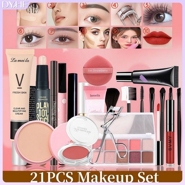 Dyhf Pre-Makeup Cream 21-Piece Makeup Set + Bb Cream + Eyebrow Pencil + Eyeliner + Contour Stick + Powder Puff + Mascara + Concealer + Blush + Highlighter + Lipstick + Pressed Foundation + Eyeshadow + Eyelash Curler + 7-Piece Kuas Makeup Set