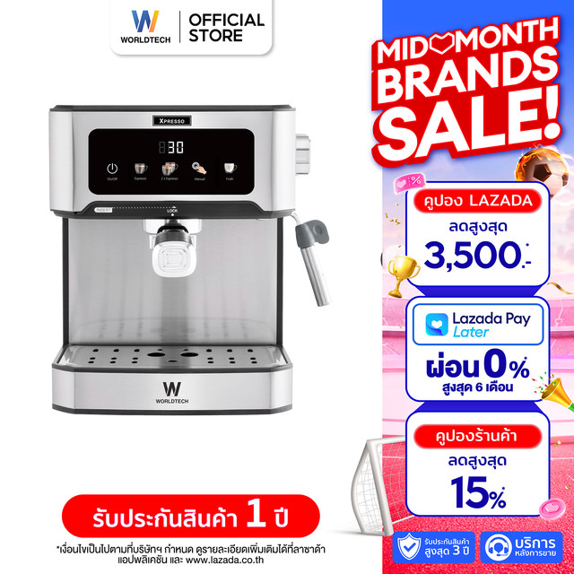 Worldtech Xpresso 3in1 Semi-Automatic Coffee Maker, Model Wt-Cm404, Coffee, Tea, Cocoa Maker, Pressure 20 Bar.