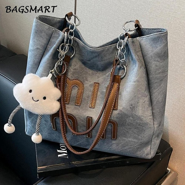 Bagsmart Fashion Shoulder Bag, Large Capacity Portable Handbag, Casual Letter Embroidered Tote Bag for Women