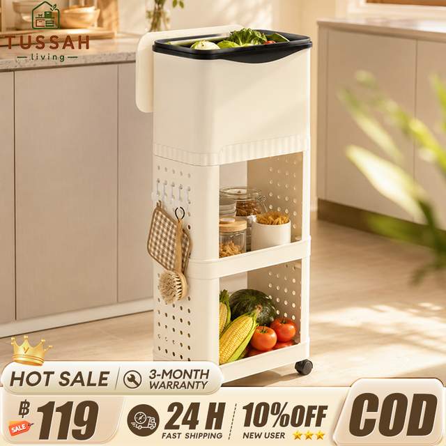 Tussah Trash Can with Shelf, Lid, Wheels, and Trash Bin for the Kitchen. Multi-Purpose Storage Cart Save Space Can Be Used in the Bathroom, Ready to Ship