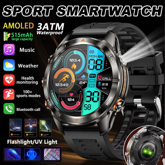 2026 ใหม่ทนทานทหารสมาร์ทนาฬิกาผู้ชาย AMOLED HD หน้าจอ 515 mAh แบตเตอรี่กันน้ํา SWIM นาฬิกา BT Calling กีฬา Smartwatch
