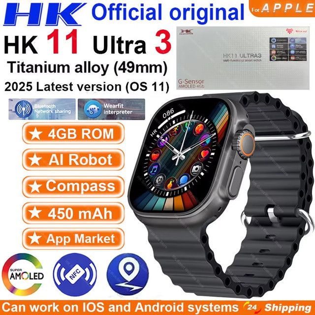 ใหม่ HK11 ULTRA 3 Smartwatch 2025 49 มม.4G ROM AI Chat หุ่นยนต์บลูทูธเครือข่ายนาฬิกา NFC เข็มทิศสมาร์ทนาฬิกาผู้ชายผู้หญิง