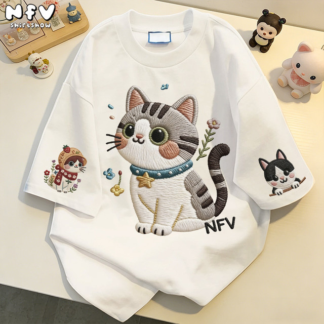 【24-Hour Delivery】Newest NFV 🐱 Korean Fashion, Blank T-Shirts Cute Cat Print Thick, Wrinkle-Resistant Fabric, Easy to Iron, Cotton Fabric YG4721