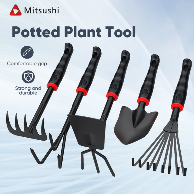 Mitsushi 5-Piece Gardening Tool Set Rake, Hoe and Shovel for Gardening, Landscaping, Garden Decoration, Soil Turning Tool Set
