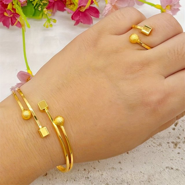 Brass Gold-plated Round Beaded Square Bracelet Ring Opening Women Wedding Jewelry Set