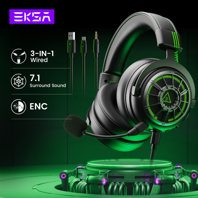 EKSA E5000 Pro ชุดหูฟังแบบมีสาย7.1สำหรับเล่นเกมหูฟังรอบทิศทางสำหรับพีซี /Xbox/ PS4พร้อมไมโครโฟน ENC หูฟังตัดเสียงรบกวน