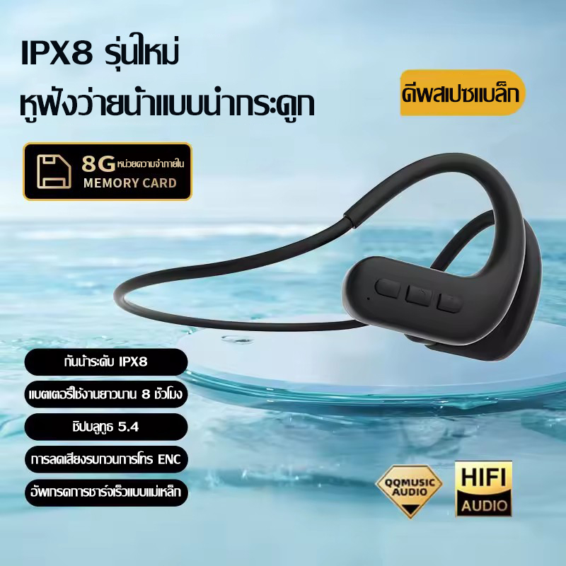 ใหม่ หูฟังบลูทูธสำหรับว่ายน้ำแบบนำกระดูกจริง กันน้ำระดับ IPX8 หูฟังไร้สายแบบอินเอียร์ Bluetooth 5.4 พร้อมการ์ดหน่วยความจำ 8G โหมด MP3 เหมาะสำหรับการว่ายน้ำและวิ่ง