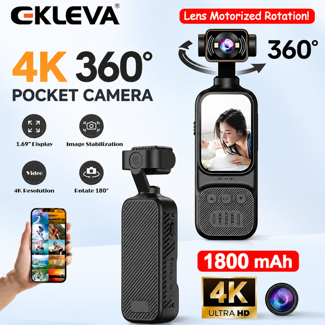 EKLEVA กล้องเพื่อการกีฬากล้องถ่ายรูปวีล็อกขนาดเล็กแบบพกพา4K พร้อมตัวกล้องบันทึกวีดีโอเครื่องกันสั่นแบบมือถือที่ปรับหมุนได้
