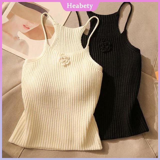 Heabety 🎀   Sexy Floral Knitted Tank Top for Women, Solid Color Sleeveless Shirt, Summer Slim Crop Top. Sleeveless Silk Vest