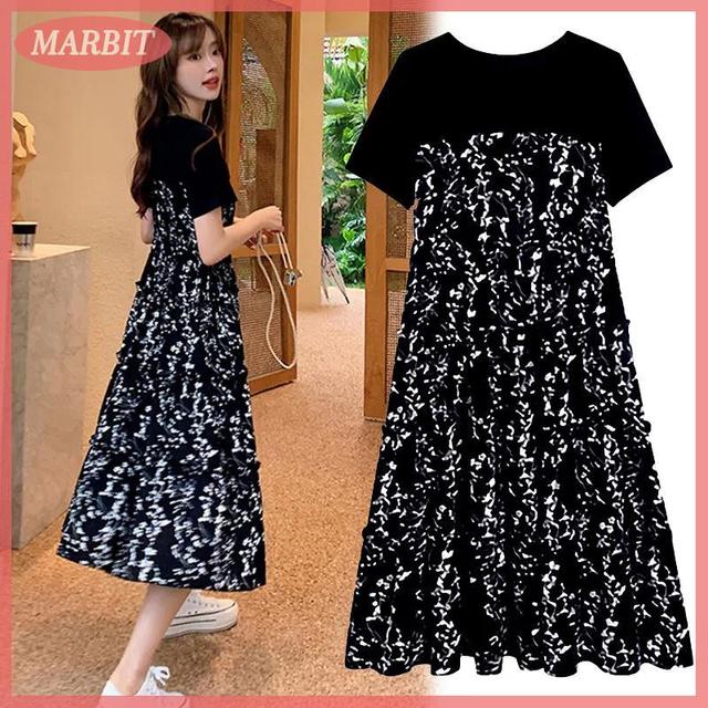 Marbit Mid-Length Dress, Floral Print, Casual Chiffon Dress, Can Be Worn Every Day for Summer.