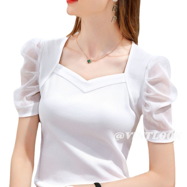 [VINTLOOK Mystique Boutiqu Ice silk T-shirt women's short-sleeved T-shirt French palace style puff sleeve top trendy,Vintlook Women's Short Sleeve T-Shirt French Style Ice Silk T-Shirt,]