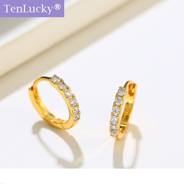 TenLucky Environmental Healthy Luxury Gold Color Bling Round Circle Zircon Hoop Earrings for Girl Women with Jewelry Box Birthday Valentine Gifts