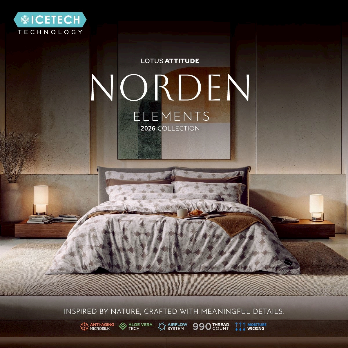 Lotus Attitude Bedding Set + Quilt Cover 990 Threads, Model Norden Elements 2026 Icetech, Cool and Soft, Cares for the Skin, Reduces Pressure on the Face, Free Delivery.