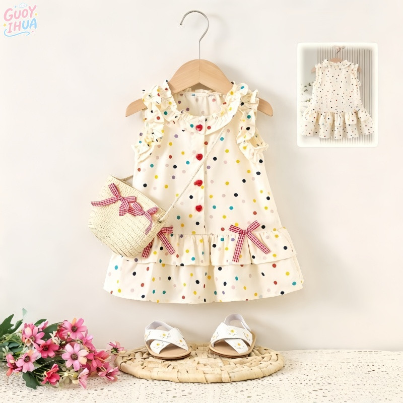 Girls' Pajamas, New Summer Cotton Pajamas for Girls - Cute Outfit with Bow, Colored Dots Decoration, 80-120cm