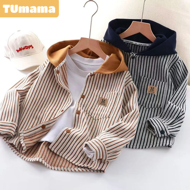TUmama Boys' Striped Hooded Jacket Spring Casual Outwear for Kids Soft Knit Long Sleeve Coat