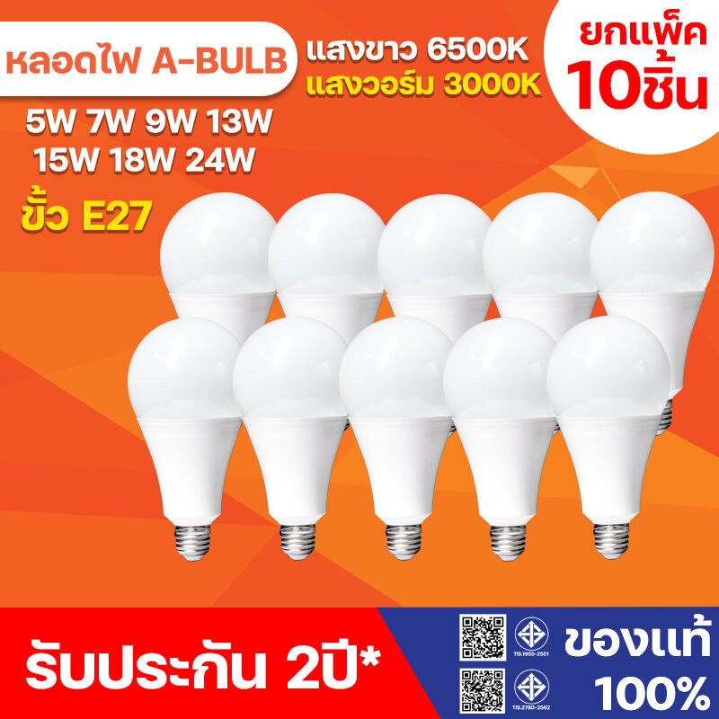 หลอดไฟ LED ยกแพ็ค 10ชิ้น หลอดLED ขั้วE27 หลอดไฟกลม ใช้ไฟฟ้าบ้าน 220V หลอดไฟE27 5W 7W 9W 13W 15W 18W 24W แสงสว่างนวลตา