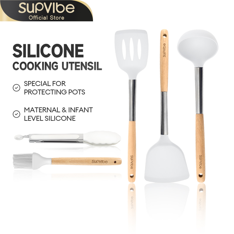 SUPVIBE silicone cookware set, kitchenware, cooking, 5-piece kitchen set, silicone spatula, frying spatula, spoon, oil brush, tongs, heat-resistant, non-stick