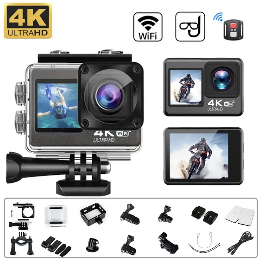2024 V8ยุคกล้อง Action Camera 4K อัลตร้า HD 30fps WiFi กล้องกีฬาหน้าจอคู่ใต้น้ำกันน้ำหมวกกันน็อค บันทึกวิดีโอ