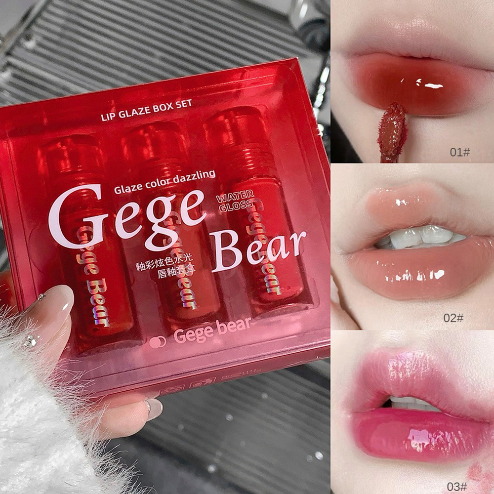 DYHF 【 Local Stock 】3PCS Set Gege Bear Colorful Mirror 3 Colors Lip Glaze Water Gloss Mirror Glass Lipstick Moisturizing Non Fade Lip Gloss Students