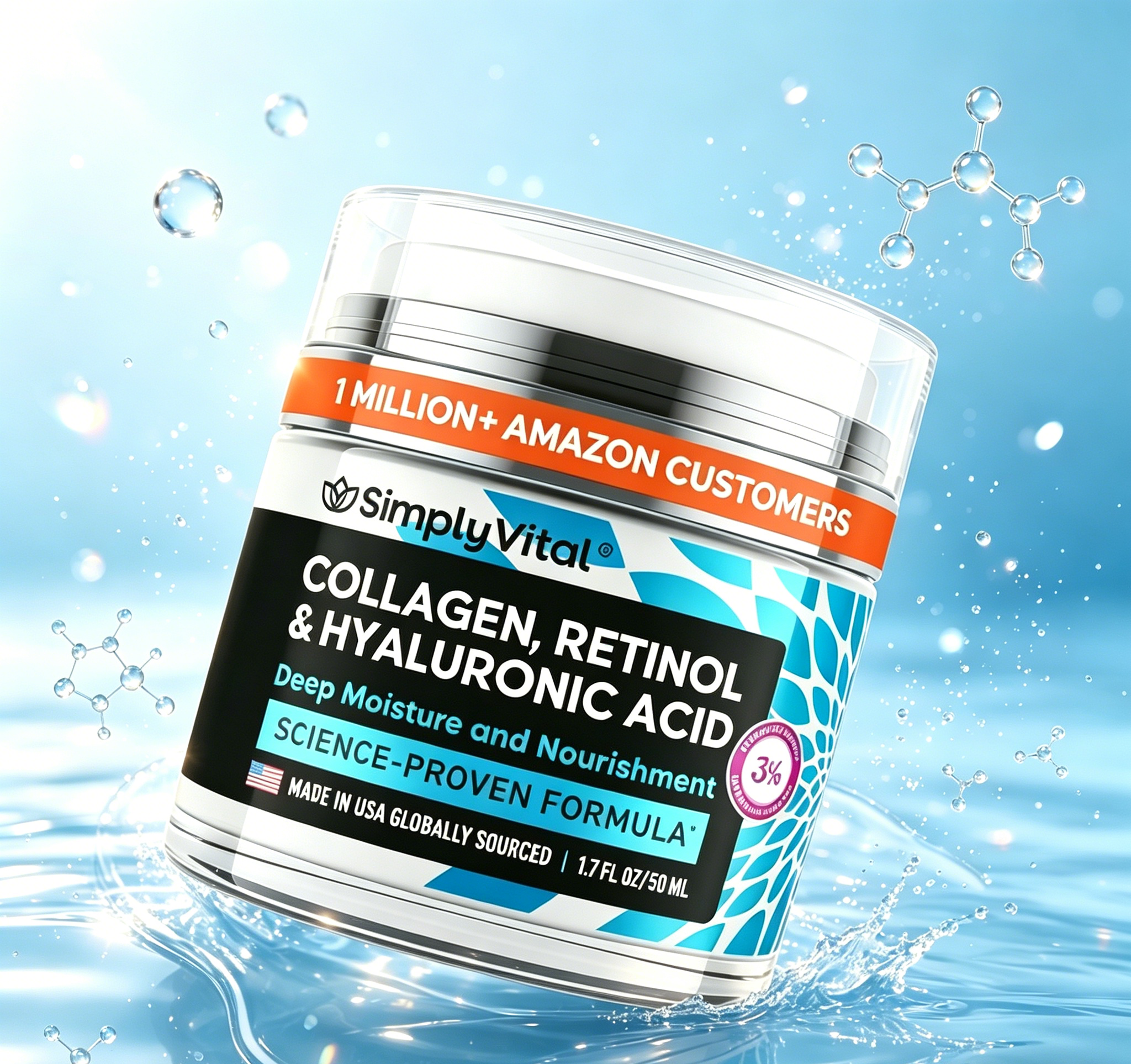 SimplyVital Collagen Retinol Hyaluronic Acid Cream 50ml ครีมบำรุงผิวหน้า คอ และหน้าอก สูตรอเมริกัน ผสมคอลลาเจน เรตินอล และกรดไฮยาลูรอนิค