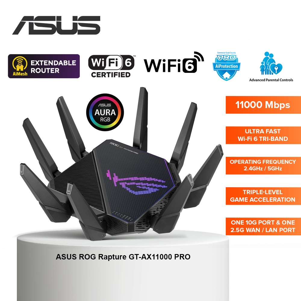 ASUS ROG Rapture (GT-AX11000 PRO) Tri-Band WiFi 6 gaming router, 2.5G port, 10G port, enhanced hardware | Shopee Thailand