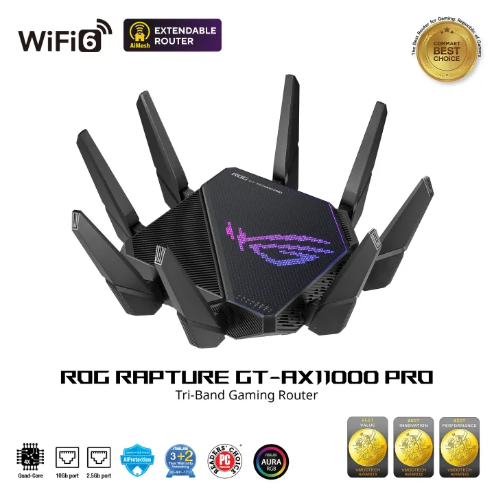 ASUS ASUS ROG Rapture GT-AX11000 Pro Tri-Band WiFi 6 Extendable Gaming Router, 10G & 2.5G Ports, ASUS RangeBoost Plus, Triple-level Game Acceleration, Subscription-free Network Security, AiMesh Compatible | Lazada Thailand
