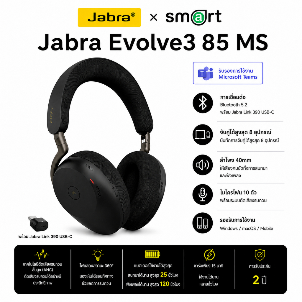 NEW! Jabra Evolve3 85 MS, Link390c - Black (38599-999-899)
