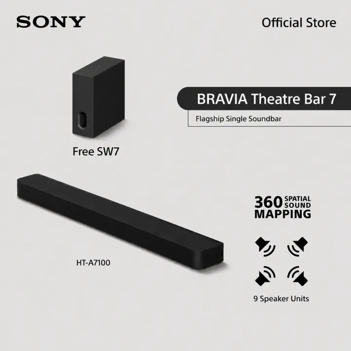 Sony BRAVIA Theatre Bar 7 | ซาวด์บาร์ | 9 Speaker Units | Surround Sound by Dolby Atmos®/DTS:X® | 360 Spatial Sound Mapping | Voice Zoom 3 for Sony Smart TV | Bluetooth® | HT-A7100, 2026 Model | Lazada Thailand