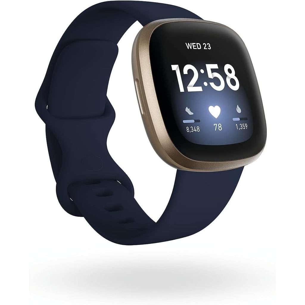 Fitbit Versa 3 Health & Fitness Smartwatch พร้อม GPS, อัตราการเต้นของหัวใจ 24/7, แบตเตอรี่ Alexa ในตัว, 6+ วัน, สีมิดไนท์บลู/ทอง, ขนาดเดียว (รวมวงดนตรี S & L) | Shopee Thailand