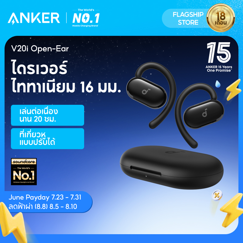 Soundcore V20i โดย Anker หูฟังครอบหู, ที่เกี่ยวหูแบบปรับได้, ความสะดวกสบายเป็นพิเศษ, Snug Fit, เสียงทรงพลัง, โทรชัด, IP55, ไฟ LED, เวลาเล่น 36 ชม., หูฟัง Bluetooth 5.4, Mult