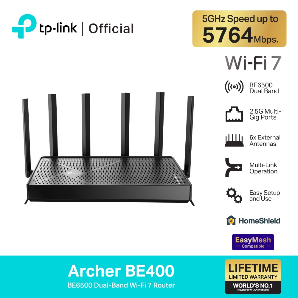 TP-Link Archer BE400 เราเตอร์ไวไฟ7 BE6500 Dual-Band WiFi7 Router รองรับ EasyMesh เพื่อสร้างเครือข่าย WiFi ที่ครอบคลุม
