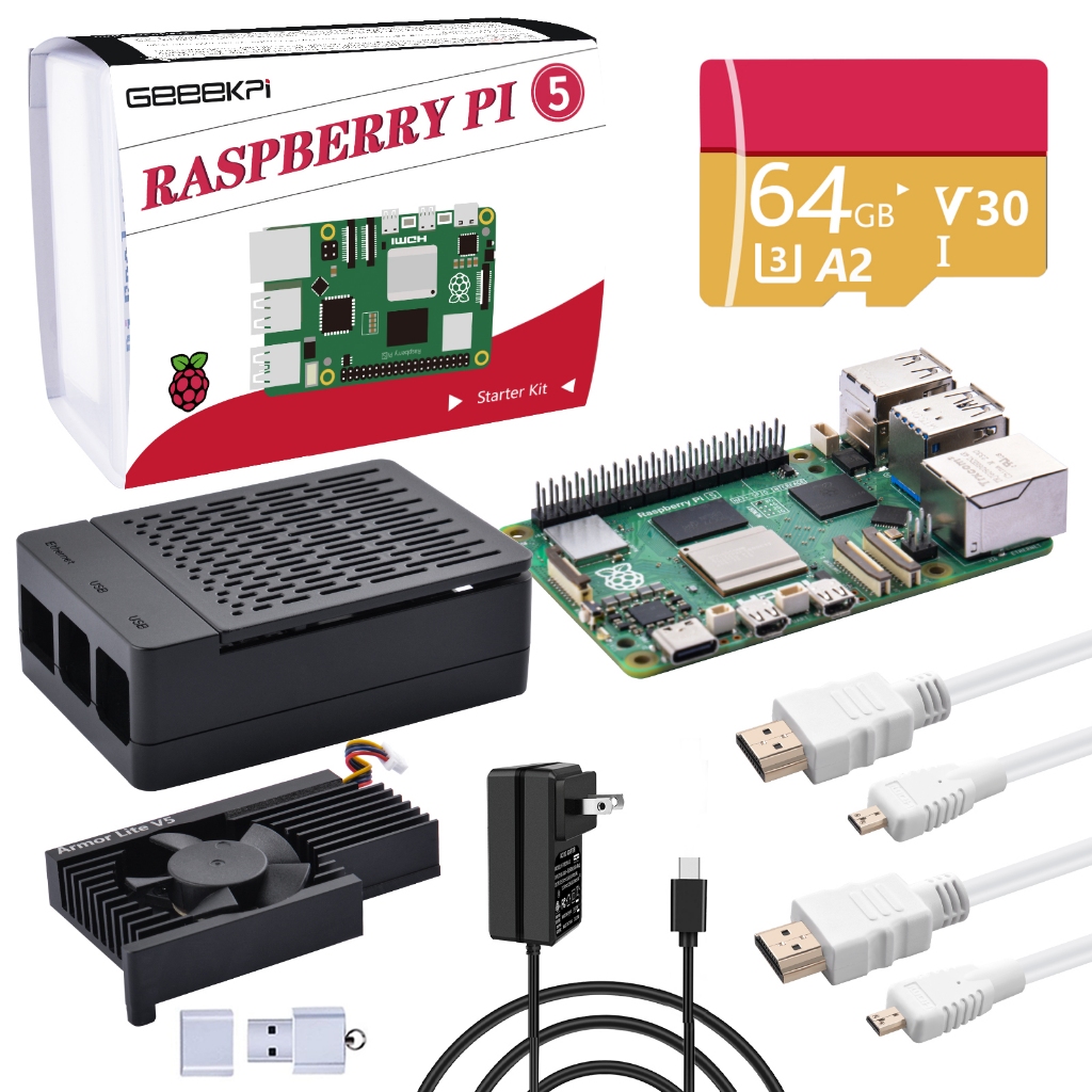 52Pi สําหรับชุดสตาร์ท Raspberry Pi 5 4GB, พร้อมบอร์ด Pi 5, เคส Pi 5 พร้อม Active Cooler, การ์ดและเครื่องอ่านการ์ด 64GB(4GB)