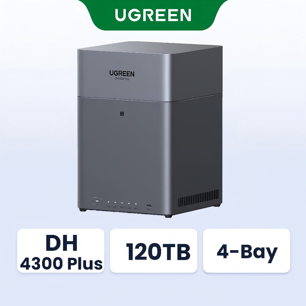 UGREEN NASync DH4300 Plus 4-Bay Desktop NAS, รองรับความจุ 120TB (Diskless), การเข้าถึงระยะไกล, อัลบั้มภาพ AI, ระบบที่เป็นมิตรเริ่มต้น, RAM 8GB LPDDR4X, 2.5GbE, 4K HDMI, เครือข่าย A
