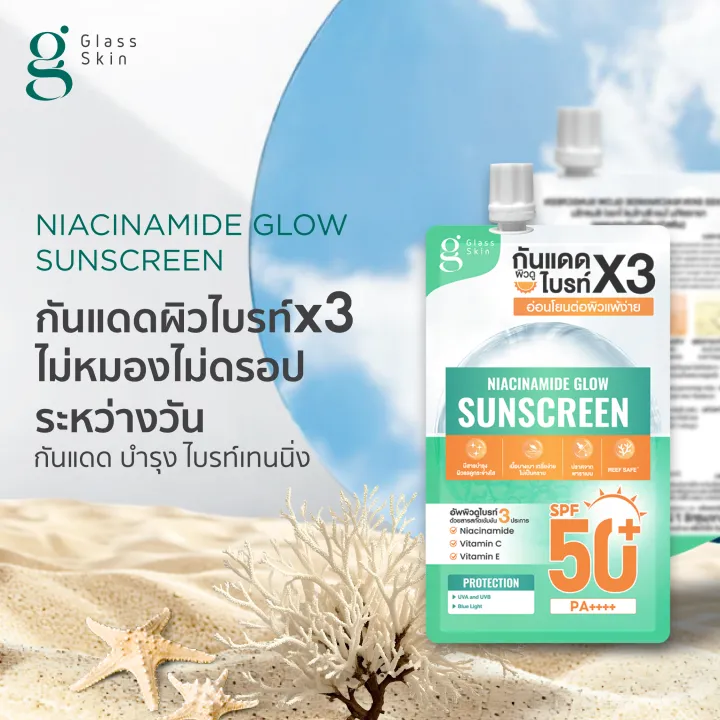 Glass Skin Niacinamide Glow Sunscreen - กันแดดซอง 3in1 (กันแดด + บำรุง + ไบรท์เทนนิ่ง) ด้วย Niacinamide ผิวไม่หมอง ไม่ดรอประหว่างวัน (1 กล่อง 6 ซอง) | Lazada Thailand
