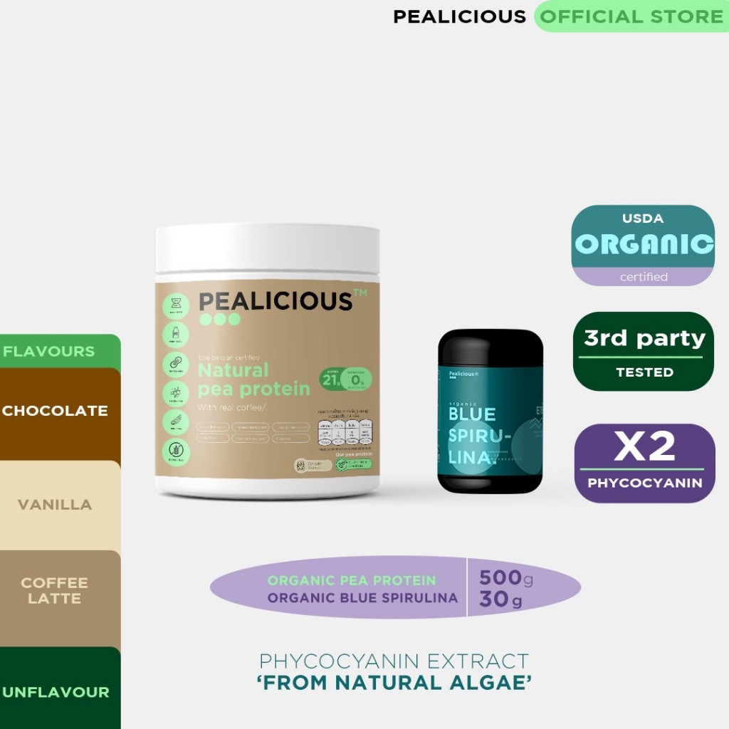 (Set) Pealicious Organic Belgian Pea protein โปรตีนถั่วลันเตาออแกนิค 500g + Blue Spirulina | Shopee Thailand
