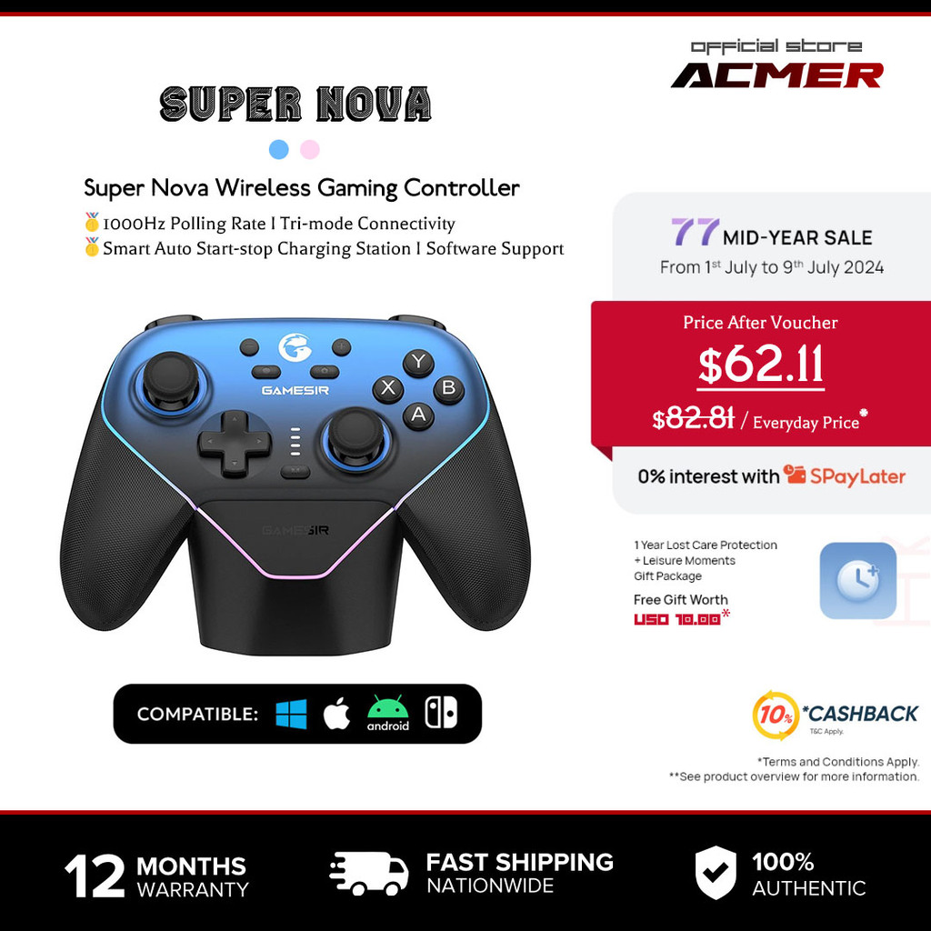 ACMER GameSir Super Nova เกมคอนโทรลเลอร์ไร้สายสำหรับ PC/Switch/Switch 2/iOS/Androidอัตราการสำรวจข้อมูล 1000Hzสติ๊กและทริกเกอร์แบบ Hall Effect จับยางกันลื่นไฟ RGB แบบปรับแต่งได้แบตเตอรี่ความจุ 1000mAh