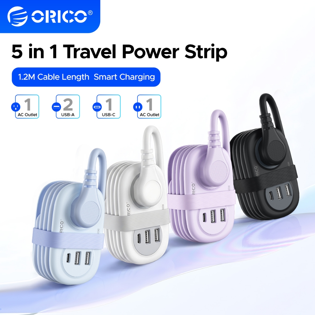 ORICO 5 in 1 Travel Power Strip 2 AC Outlets 2 USB-A 1 พอร์ต USB-C ปลั๊กแบน 4FT สายไฟขนาดกะทัดรัดขยายซ็อกเก็ต