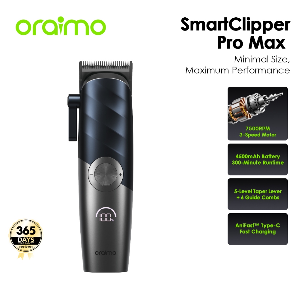 oraimo SmartClipper Pro Max ปัตตาเลี่ยนไร้สาย 7500RPM มอเตอร์แรง ใบมีด DLC คมทน ชาร์จเร็ว Type-C AniFast™ แบตอึด 4500mAh ใช้ได้ 300 นาที ไม่ดึงผม เหมาะสำหรับผู้ชายและร้านตัดผม