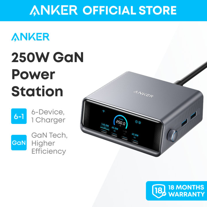 Anker Prime Desk Charger, 250W GaN Prime USB C Charging Station, Ultra-Fast 6-Port, 2.26" LCD Display and Smart Control Dial, Compatible with MacBook Pro/Air, iPhone 16/15/14, Galaxy, and More | Lazada Thailand