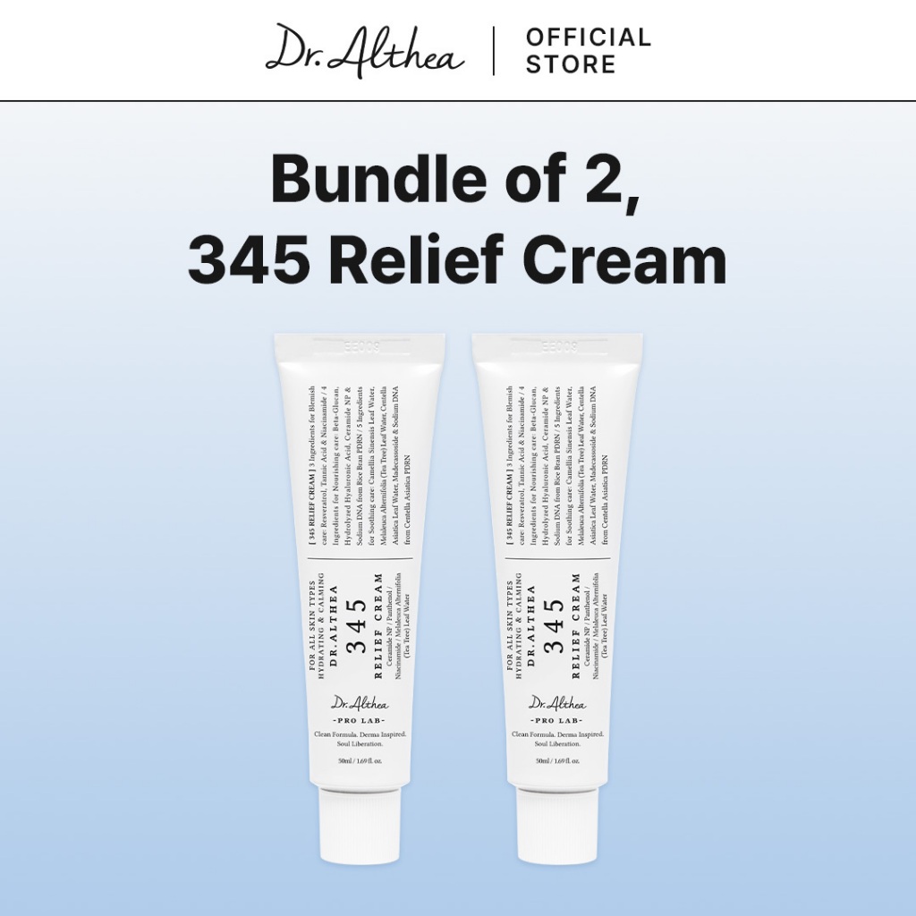 [มัด 2] Dr.Althea 345 Relief Cream 50ml | ครีมบำรุงหลังสิว ไร้สี ไร้น้ำหอม | ฟื้นบำรุงเกราะป้องกันผิว ลดรอยแดง | Niacinamide+Panthenol Vegan Cream