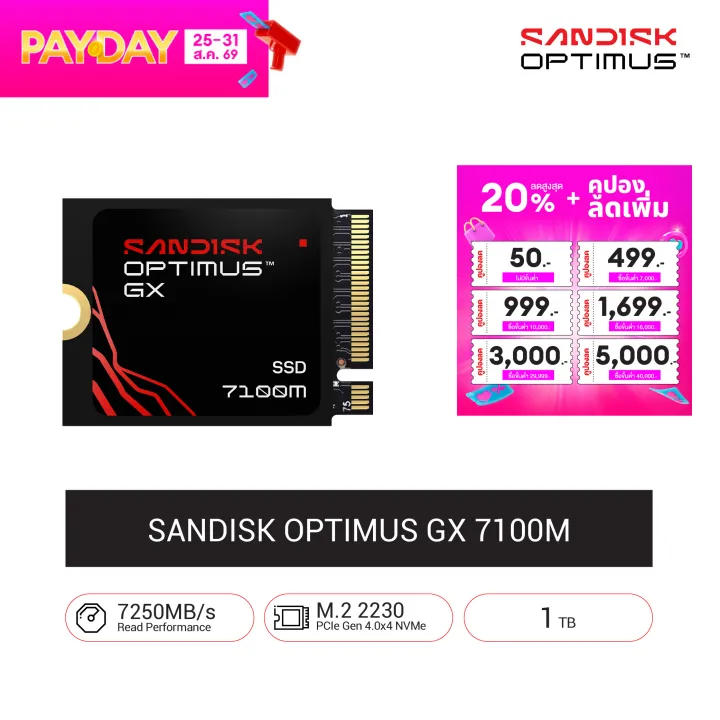 Sandisk Optimus GX 7100M SSD, 1TB, PCIe 4.0x4, NVME M.2 2230 Read 7,250 MB/s, Write 6,900 MB/s (SDSP71100TAT-000E0) | Lazada Thailand