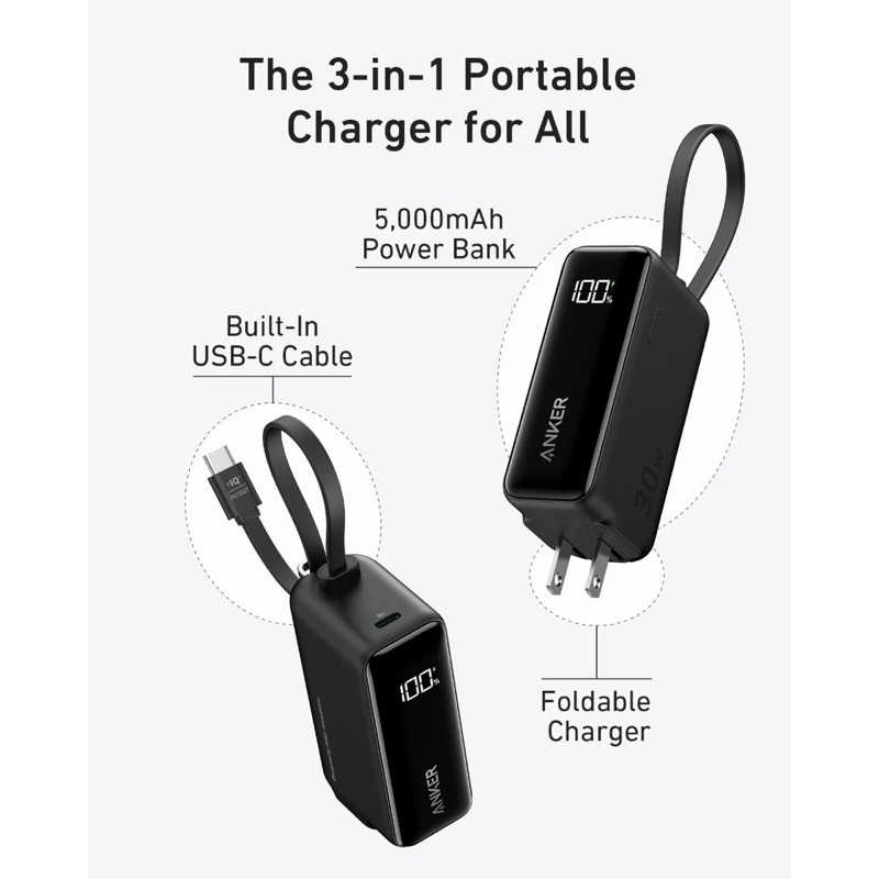 200g Anker 3-in-1 Power Bank a1636 (30W, Fusion, Built-In USB-C Cable) | Shopee Thailand