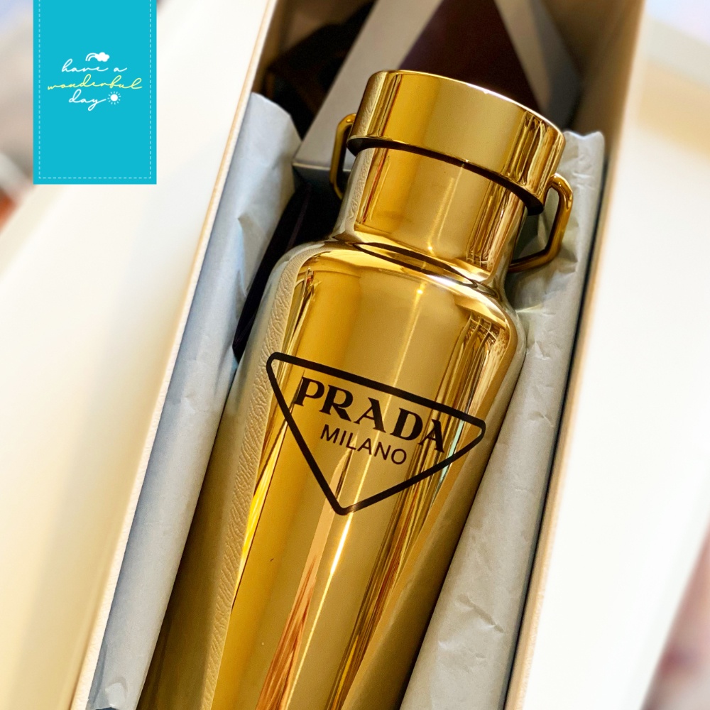 PRADA : Stainless steel water bottle ขนาด 500 ml สีทองอร่าม ของแท้ พร้อมส่ง พร้อมการ์ด พร้อมกล่อง นะค๋า | Shopee Thailand