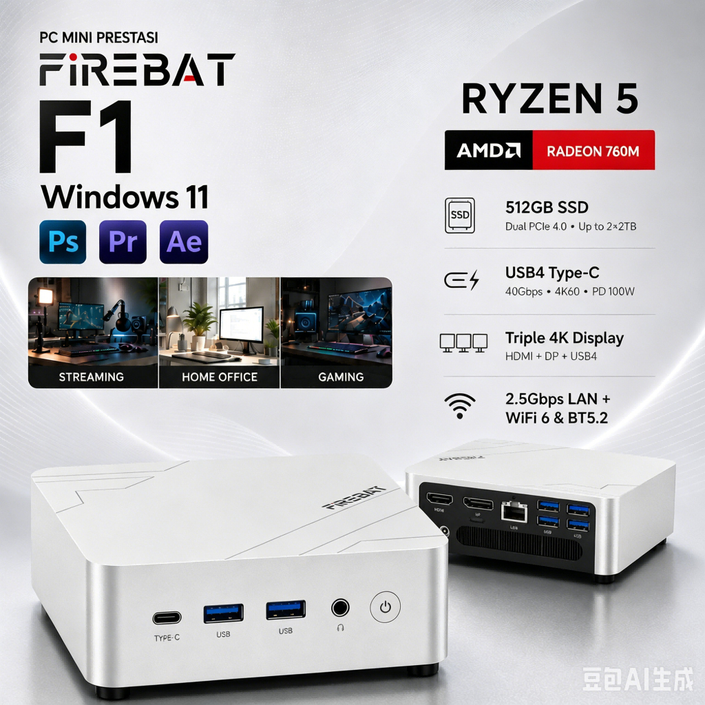 FIREBAT F1 มินิพีซีสีเทาพร้อม SSD 512GB, AMD Radeon 760M, AMD Ryzen 5 7640HS, 24GB RAM | Shopee Thailand