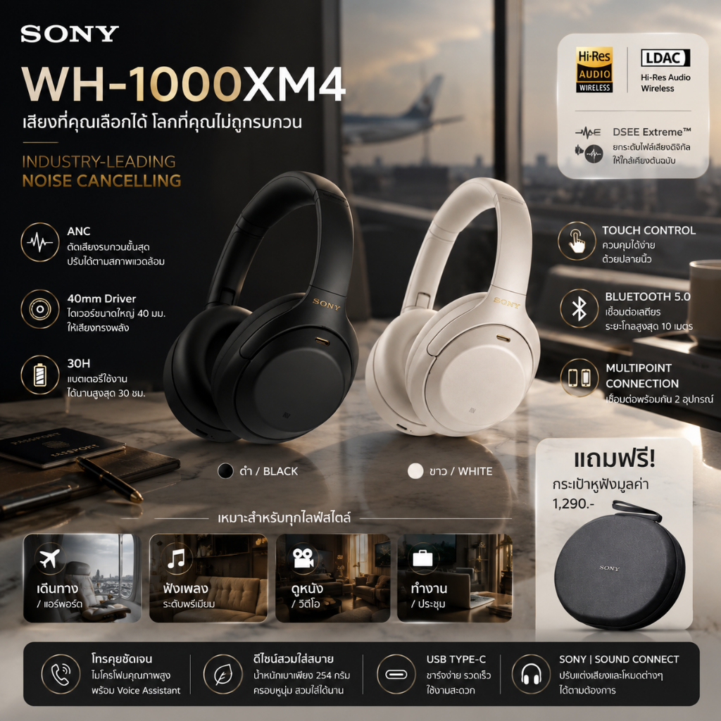 Sony WH-1000XM4 หูฟังไร้สาย Bluetooth 5.0 ANC LDAC DSEE Extreme ตัดเสียงรบกวน แถมกระเป๋าฟรี