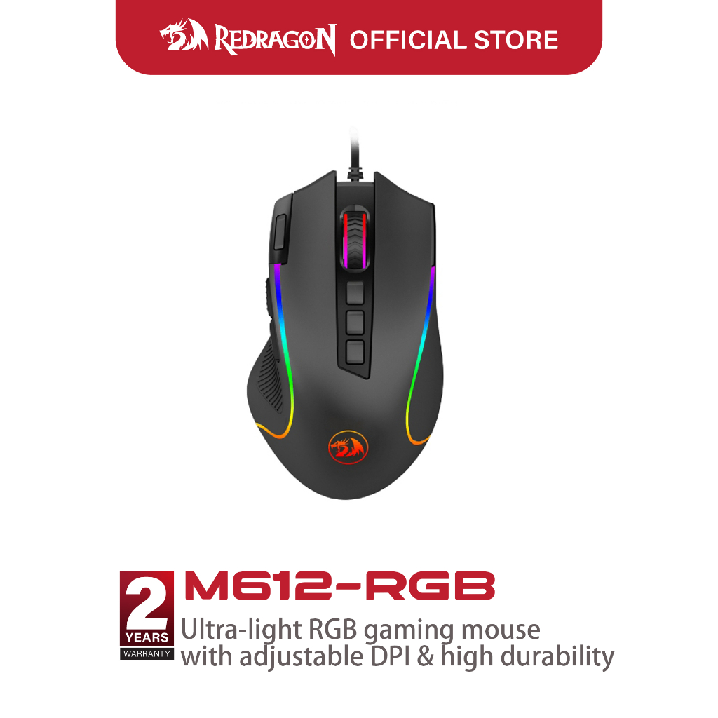 Redragon M612 Predator RGB เมาส์เล่นเกม 8000 จุดต่อนิ้วเมาส์ออปติคอลแบบมีสายรองรับคีย์บอร์ดปุ่มเพาเวอร์อย่างรวดเร็ว
