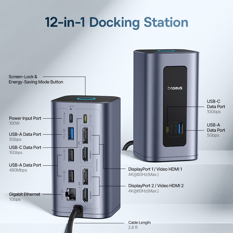 Baseus Nomos NU1 Air Spacemate 12-in-1 (MAC) Docking Station Space Grey (USB-C to 2*HDMI 2K@60+2*DP2K@60+2*USB-C (10Gbps)+2*USB-A45)+M (USB-RJ (5Gbps)))+2)+M+PD 100W)