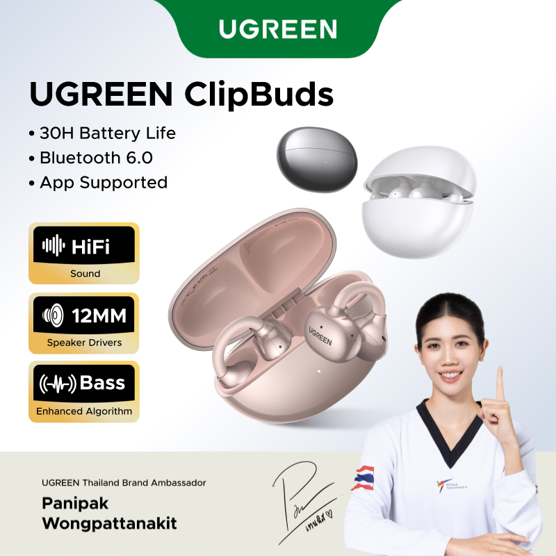 UGREEN ClipBuds หูฟังไร้สายบลูทูธแบบเปิดหู บลูทูธ 6.0 รองรับ UREEN APP Hi-Fi 12 มม. หูฟัง Bio-Diaphragm IPX5
